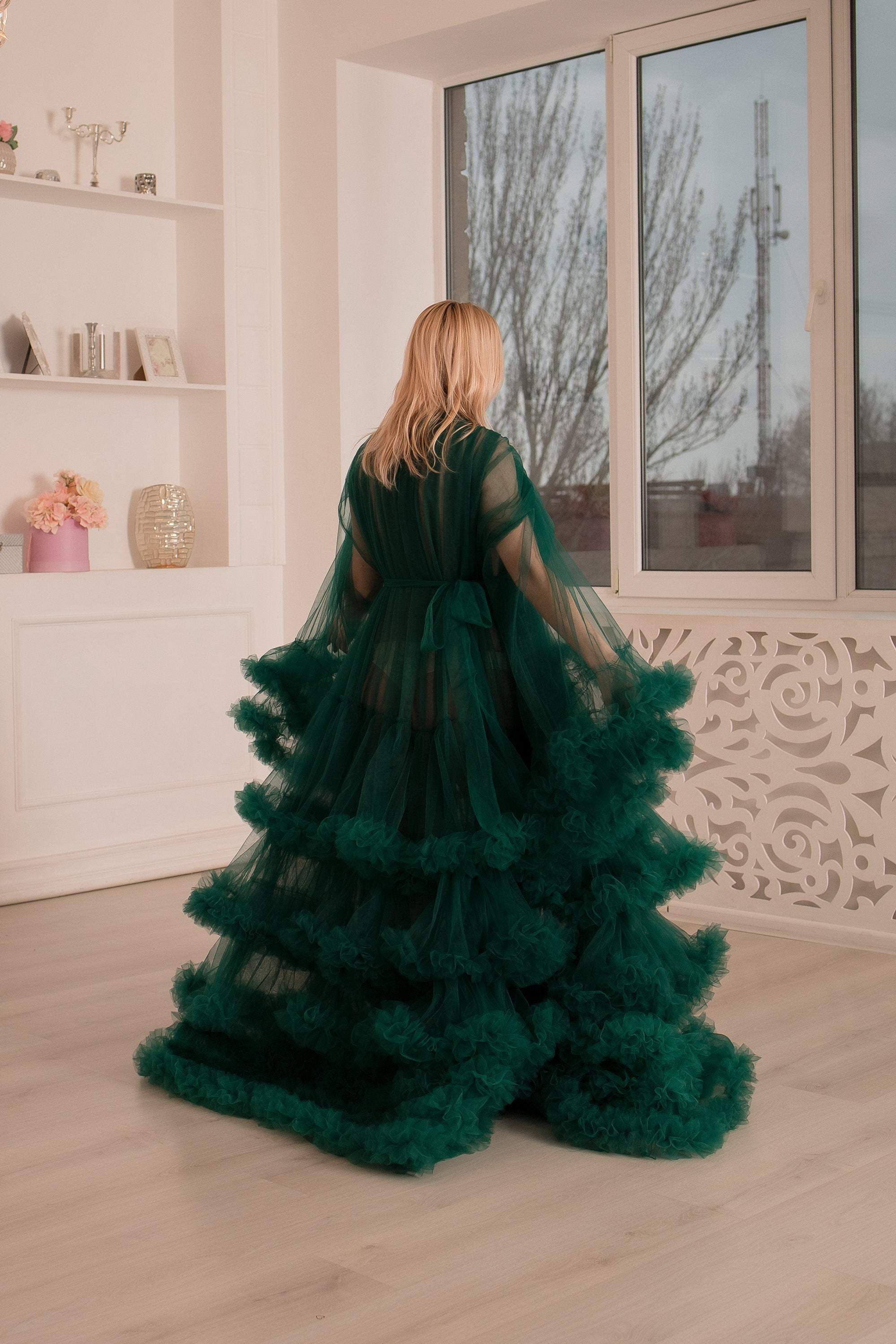 Vestido de maternidad verde esmeralda transparente para sesión de fotos de maternidad VMR25