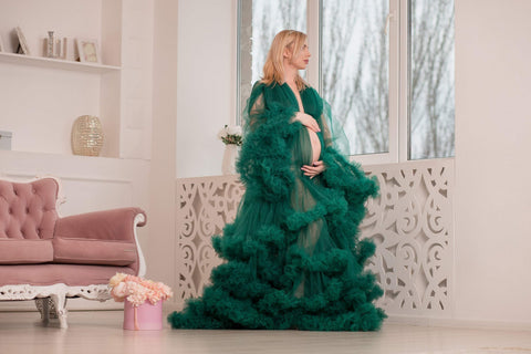 Vestido de maternidad verde esmeralda transparente para sesión de fotos de maternidad VMR25
