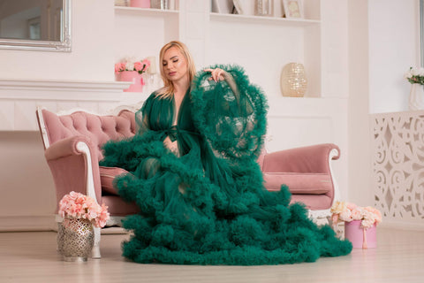 Vestido de maternidad verde esmeralda transparente para sesión de fotos de maternidad VMR25