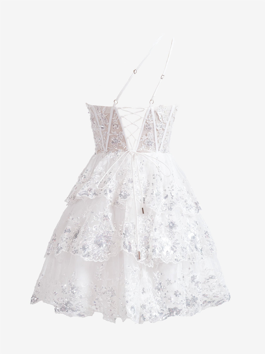Robe de bal courte bleu marine à une épaule et dentelle à volants, coupe trapèze