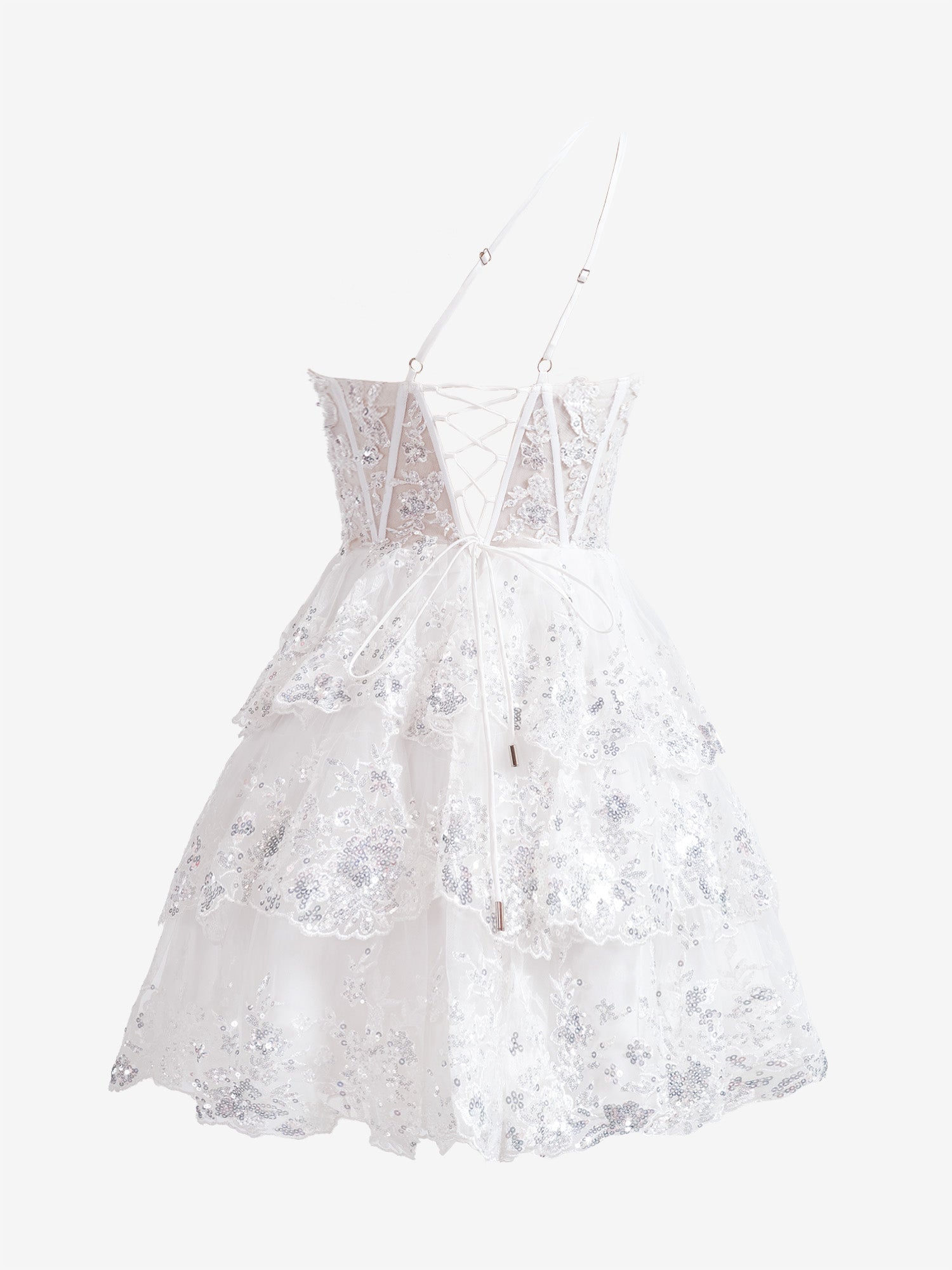 Robe de bal courte bleu marine à une épaule et dentelle à volants, coupe trapèze