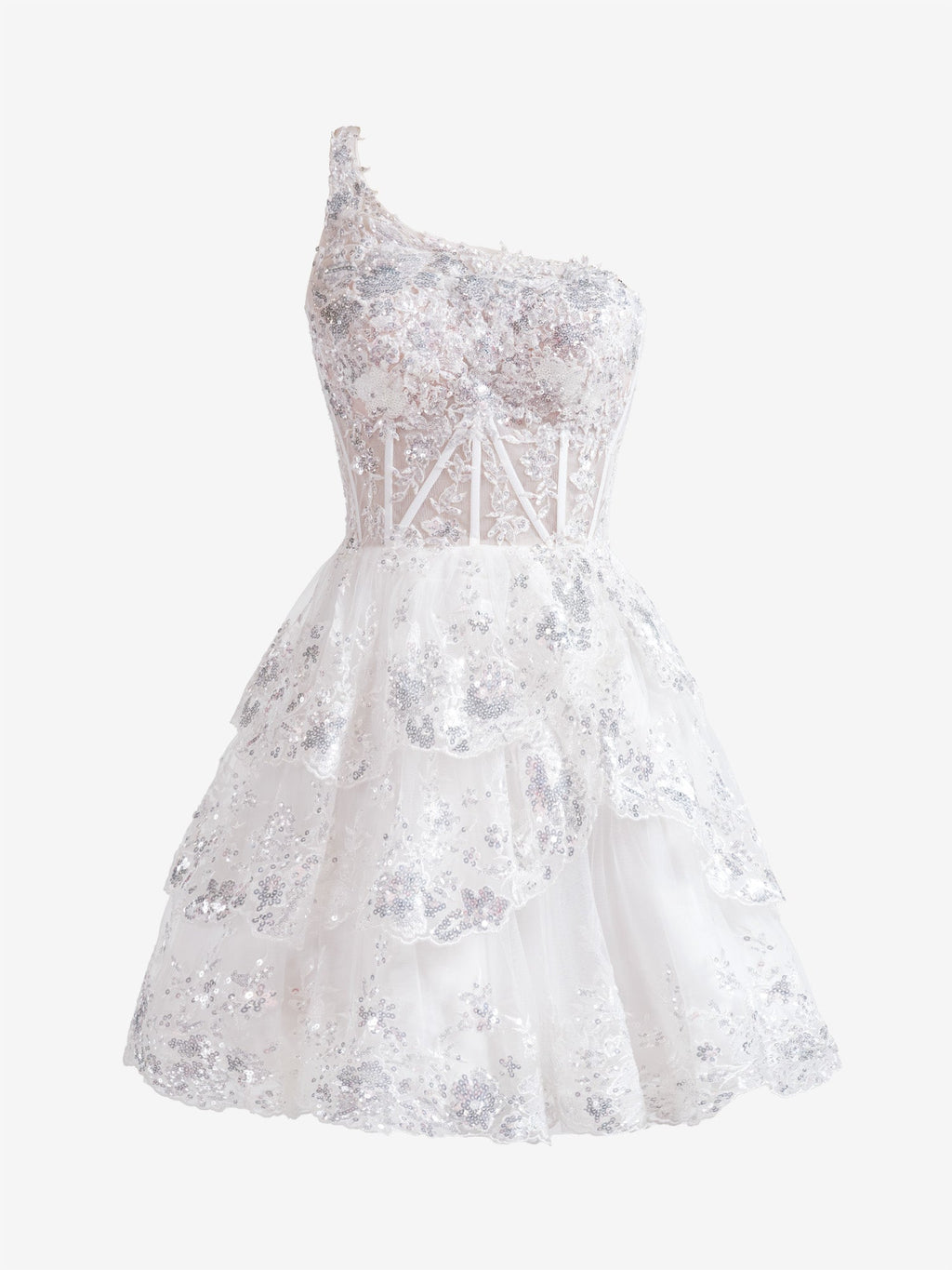Robe de bal courte bleu marine à une épaule et dentelle à volants, coupe trapèze