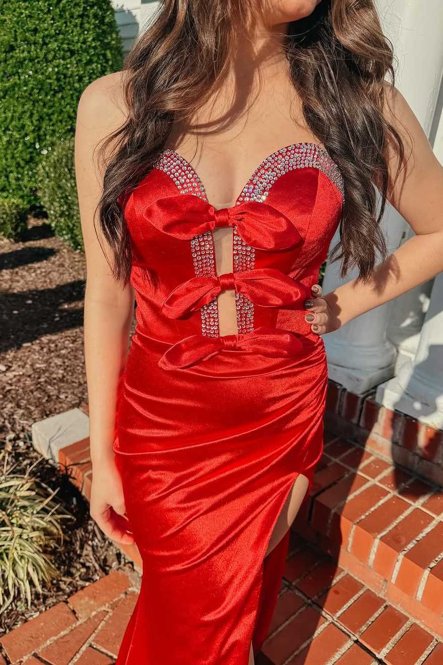 Entra | Vestido largo de fiesta largo de sirena rojo sin tirantes con escote en V, lazo y abertura