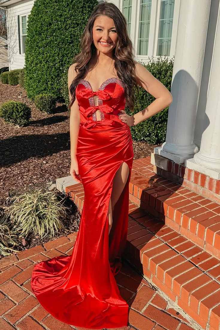 Entra | Vestido largo de fiesta largo de sirena rojo sin tirantes con escote en V, lazo y abertura
