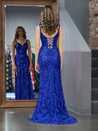 Robe de bal longue fourreau bleu pailleté à sequins avec fente