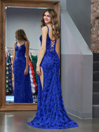 Robe de bal longue fourreau bleu pailleté à sequins avec fente