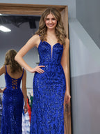 Robe de bal longue fourreau bleu pailleté à sequins avec fente