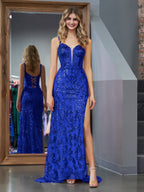 Robe de bal longue fourreau bleu pailleté à sequins avec fente