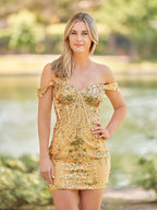 Short Off the Shoulder Sheath Gold Corset Homecoming Dresses