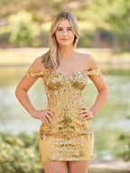 Short Off the Shoulder Sheath Gold Corset Homecoming Dresses