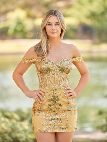 Short Off the Shoulder Sheath Gold Corset Homecoming Dresses