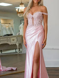 Eseld | Robe de bal longue sirène en satin rose avec décolleté cœur et fente