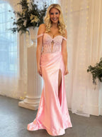 Eseld | Robe de bal longue sirène en satin rose avec décolleté cœur et fente