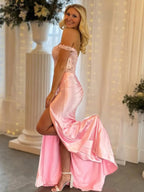 Eseld | Robe de bal longue sirène en satin rose avec décolleté cœur et fente