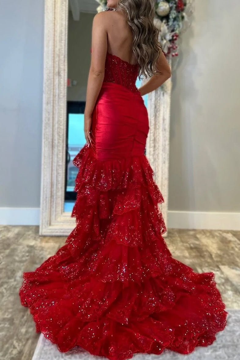 Evaluna | Vestido largo de fiesta rojo sin tirantes, corte sirena, plisado, con capas y abertura