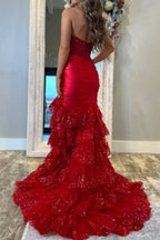 Evaluna | Vestido largo de fiesta rojo sin tirantes, corte sirena, plisado, con capas y abertura