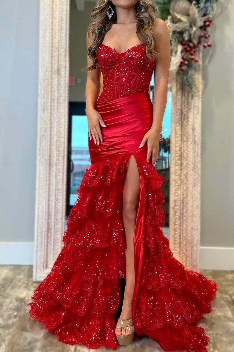 Evaluna | Vestido largo de fiesta rojo sin tirantes, corte sirena, plisado, con capas y abertura