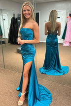 Evangeline | Robe de soirée longue sirène bustier bleu sarcelle à lacets et fronces, fendue