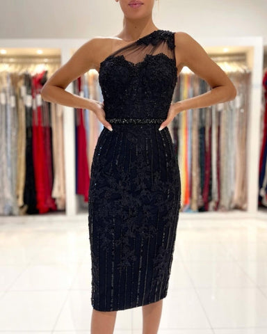 Robes de soirée courtes noires, robes cocktail avec dentelle