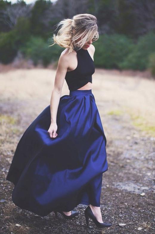 Robe de bal longue deux pièces en satin dos nu, robes de soirée 