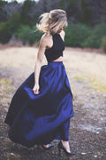 Robe de bal longue deux pièces en satin dos nu, robes de soirée 