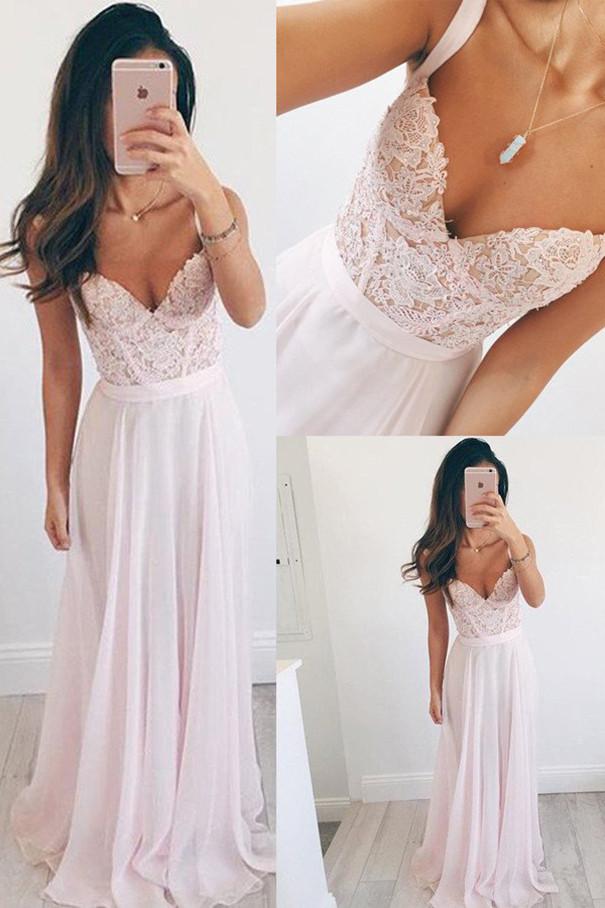 Vestido largo de fiesta de gasa rosa bebé con escote en V, vestido de noche sin mangas