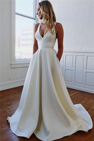 Excellent Long A-line Straps Bow Backless Wedding Dresses with Pockets
