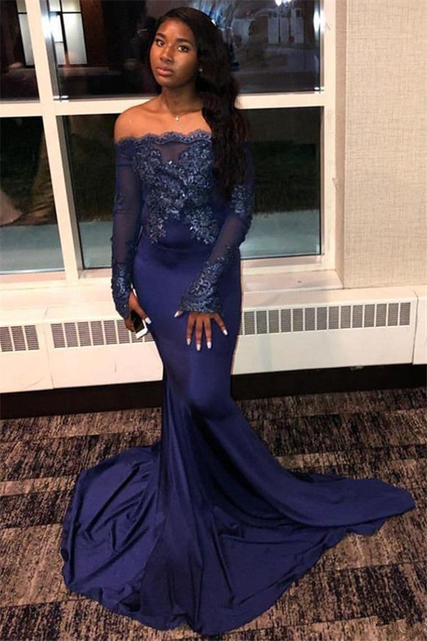 Excellent Long Mermaid Off-the-shoulder Appliques Lace Prom Dress with Sleeves