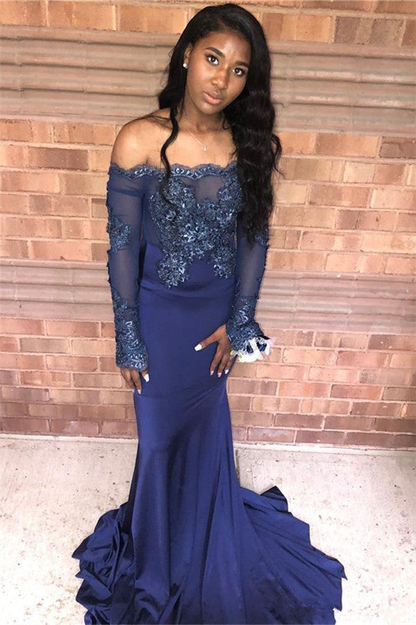 Excellent Long Mermaid Off-the-shoulder Appliques Lace Prom Dress with Sleeves