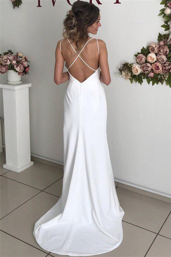 Magnifique robe de mariée longue sirène en satin blanc dos nu avec fente