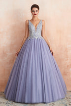 Magnifique robe de bal longue princesse à col en V sans manches en tulle dos nu