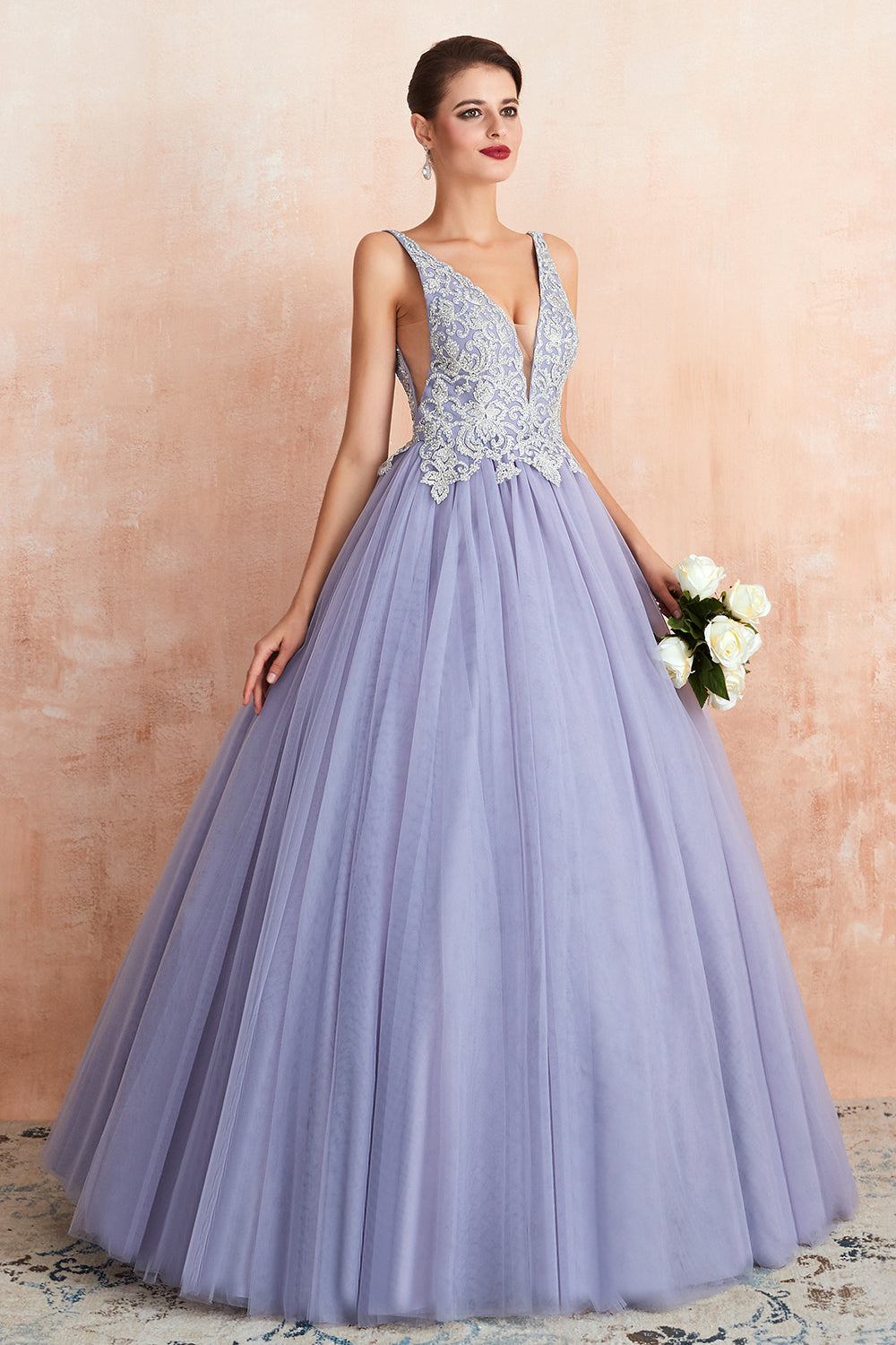 Magnifique robe de bal longue princesse à col en V sans manches en tulle dos nu