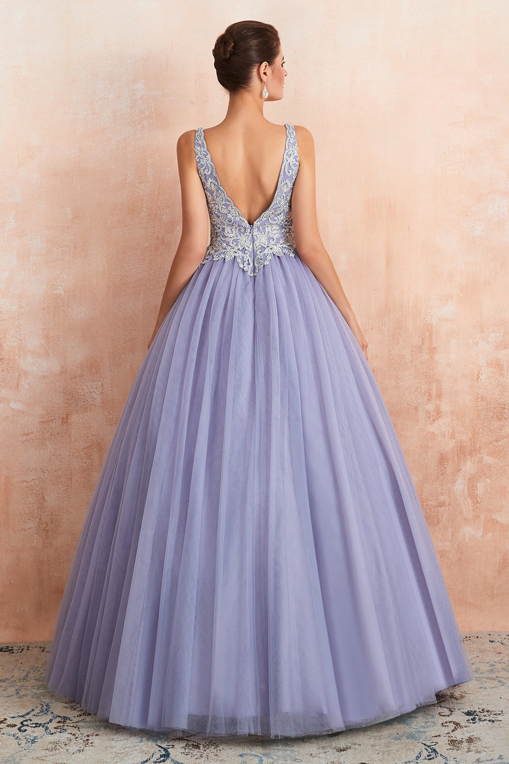 Magnifique robe de bal longue princesse à col en V sans manches en tulle dos nu