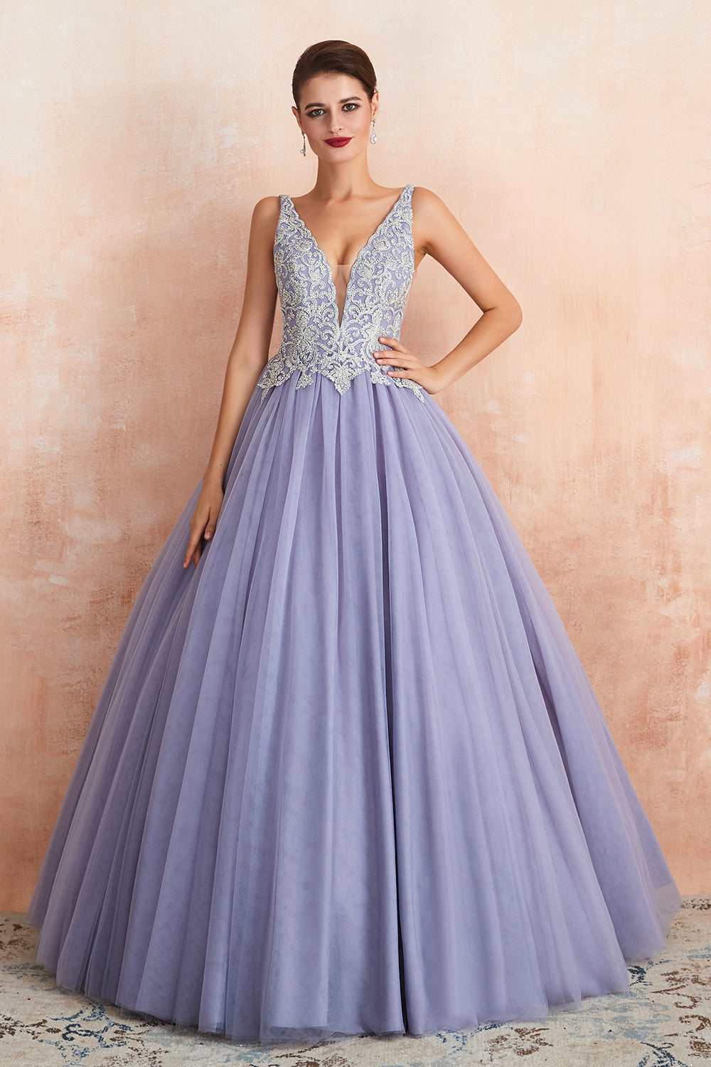 Magnifique robe de bal longue princesse à col en V sans manches en tulle dos nu