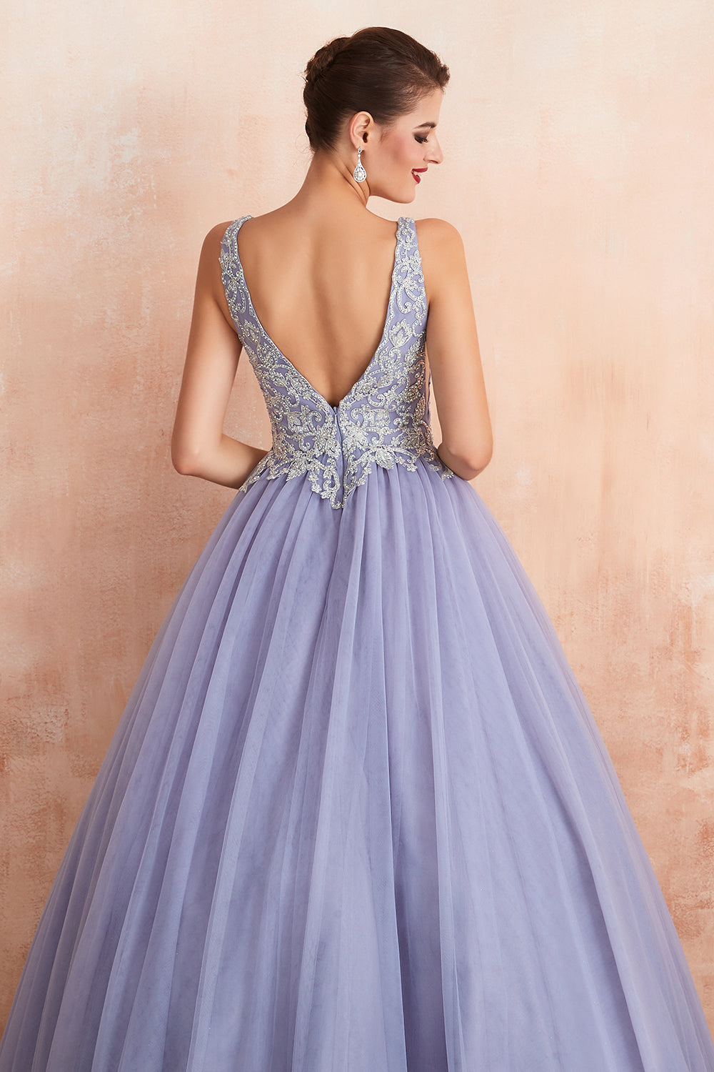 Magnifique robe de bal longue princesse à col en V sans manches en tulle dos nu