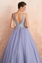 Magnifique robe de bal longue princesse à col en V sans manches en tulle dos nu