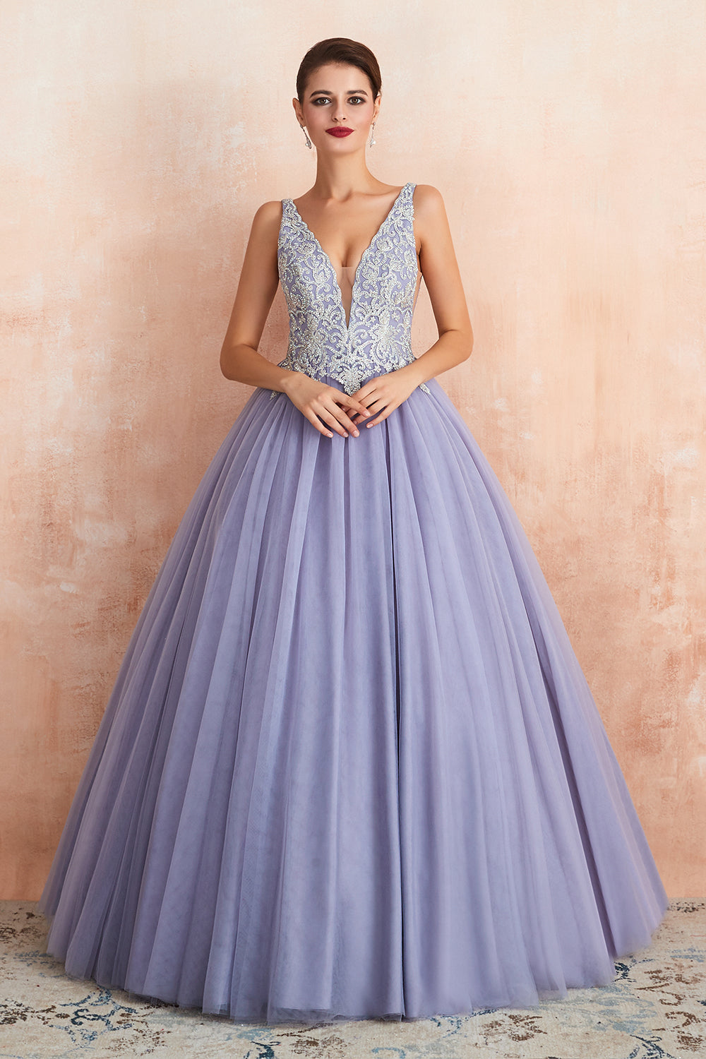 Magnifique robe de bal longue princesse à col en V sans manches en tulle dos nu