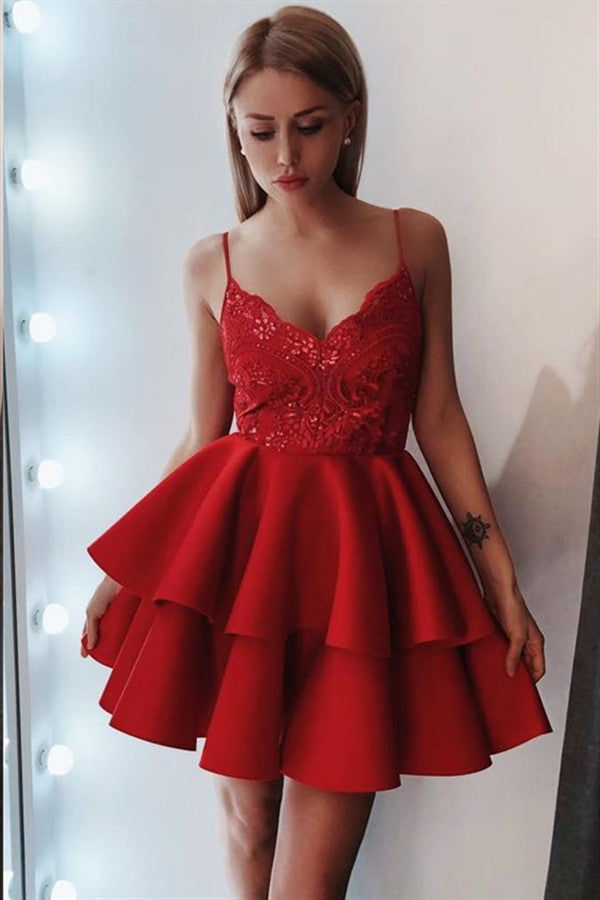 Robe de bal courte sans manches en dentelle, coupe trapèze et col en V, exquise