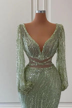 Exquisito vestido de fiesta de sirena con escote en V, mangas largas y lentejuelas, hasta el suelo.