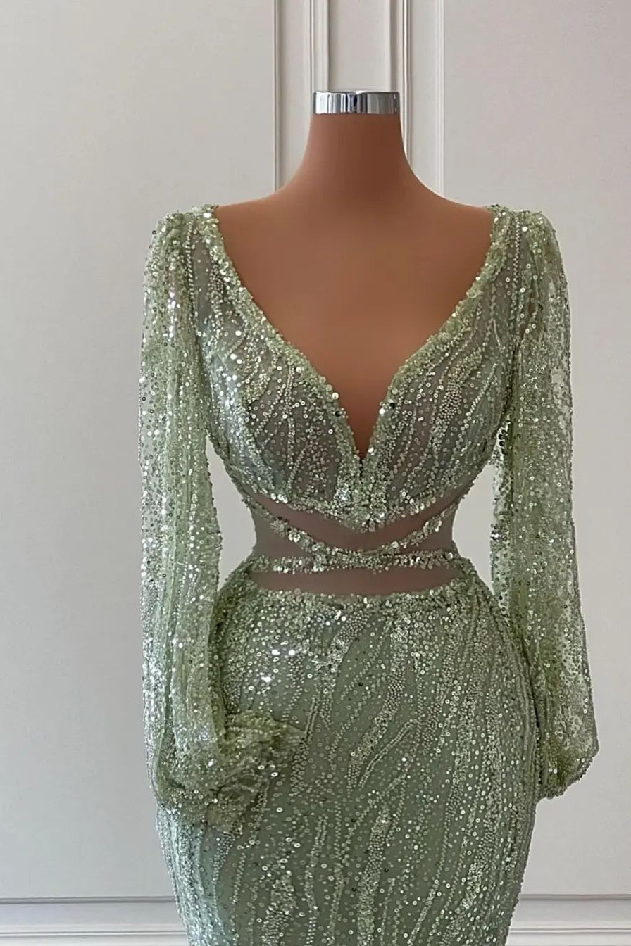 Exquisito vestido de fiesta de sirena con escote en V, mangas largas y lentejuelas, hasta el suelo.