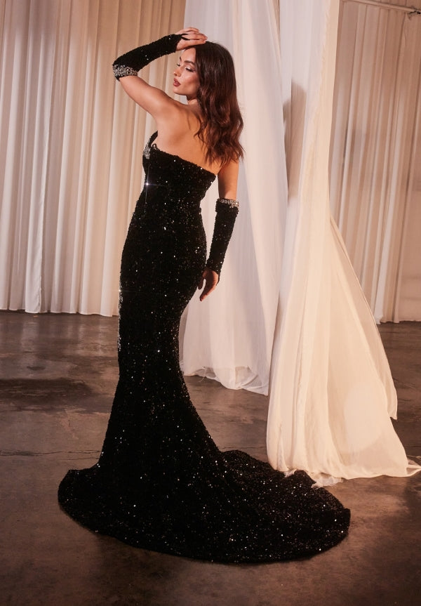 Exquisito vestido largo de fiesta negro de sirena con escote en V, lentejuelas y abertura