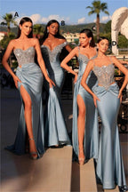 Robe de bal longue et exquise bleu poudré, style sirène, bretelles spaghetti, dentelle et perles
