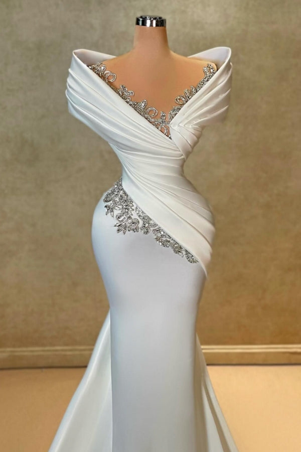 Robe de mariée sirène blanche exquise, longue, épaules dénudées, en dentelle satinée ornée de strass