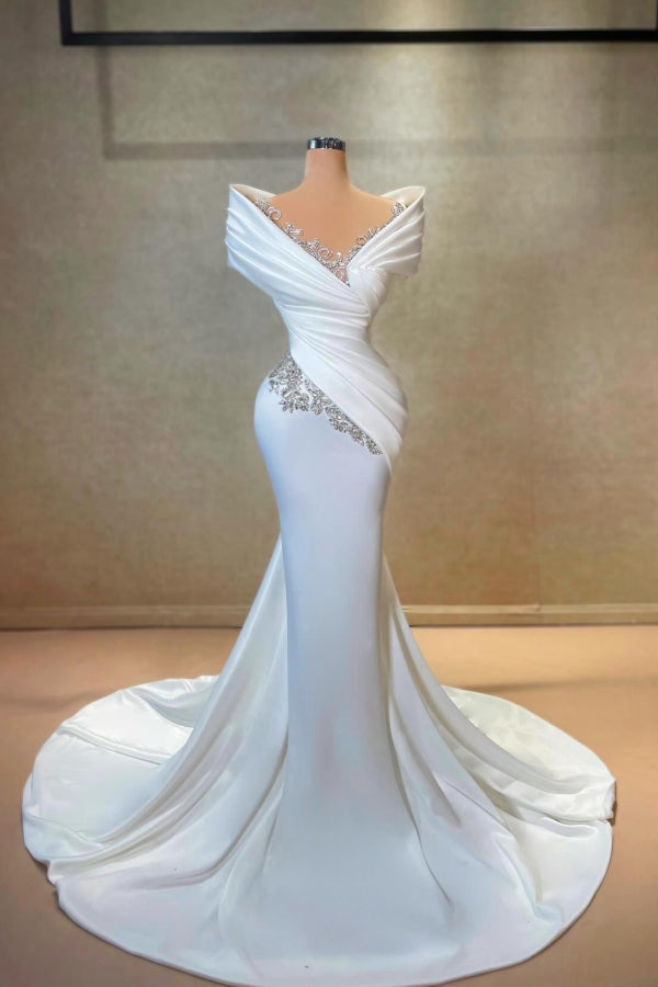 Robe de mariée sirène blanche exquise, longue, épaules dénudées, en dentelle satinée ornée de strass