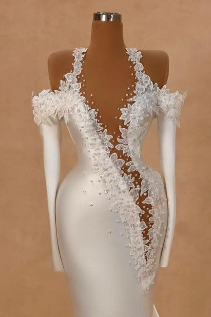 Robe de mariée sirène blanche exquise, manches longues en satin, ornée de perles