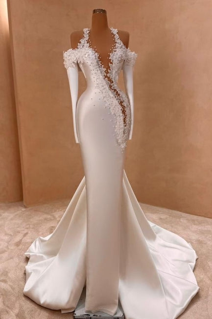 Robe de mariée sirène blanche exquise, manches longues en satin, ornée de perles