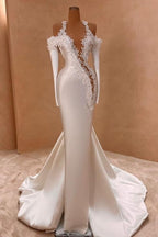 Robe de mariée sirène blanche exquise, manches longues en satin, ornée de perles