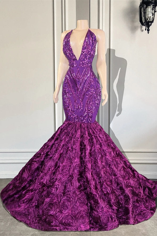 Exquisitos vestidos de fiesta de sirena morados con escote en V, lentejuelas, sin mangas y hasta el suelo