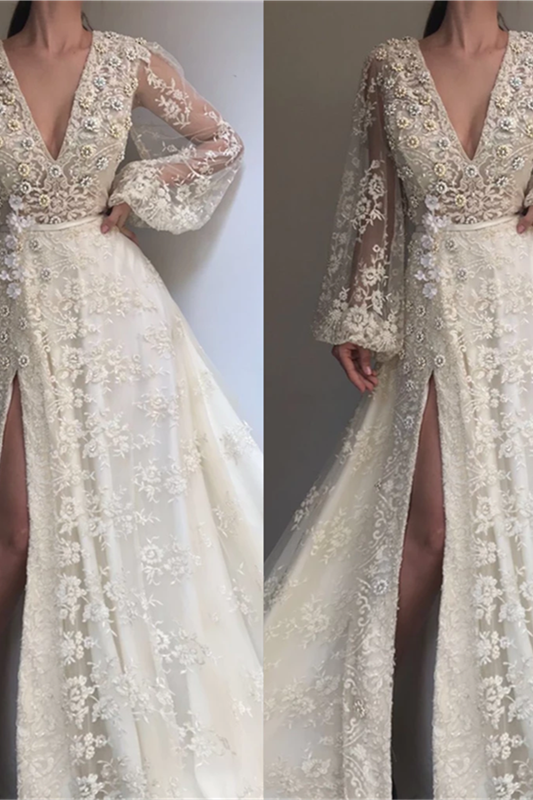 Exquisite Tulle Lace Beading Long Sleeves Party Dresses Chic V-Neck Beading Slit Formal Dresses