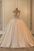 Robe de mariée princesse extravagante, longue, trapèze, col en V, sans manches, à paillettes et dentelle